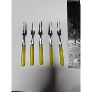 5 Vintage Retro Cocktail Appetizer Forks Yellow Small Hors D’oeuvre Appetizer ￼
